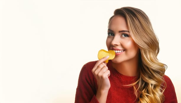 gorgeous young woman eating chips, AI generated image