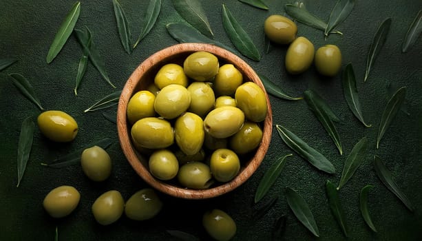 green olives vegan food top flat view, AI generated image