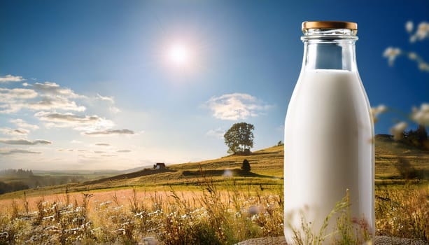 bottle of milk in natural landscape scene, AI generated image