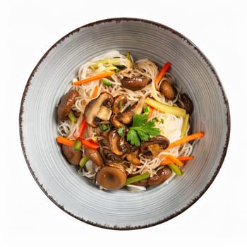 vegetarian asian rice noodles with shiitake mushrooms and vegetables, AI generated image