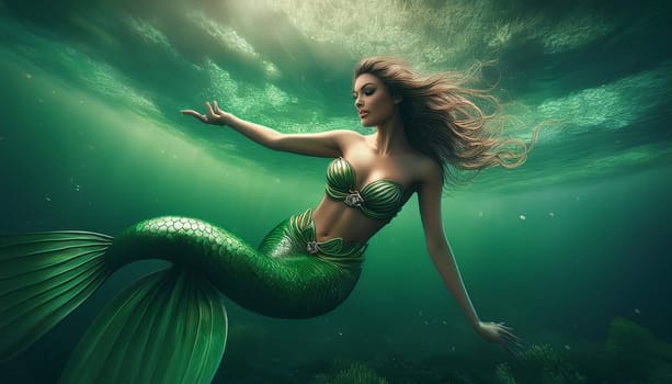 pretty young mermaid woman swimming in the sea, AI generated image