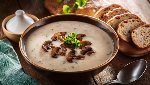 mushrooms cream soup with roasted bread, AI generated image