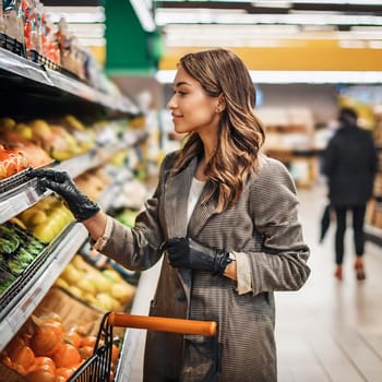 gorgeous young woman shopping in supermarket, AI generated image