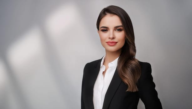 gorgeous young woman in black suit and white shirt, AI generated image