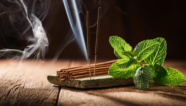incense burning and peppermint, AI generated image