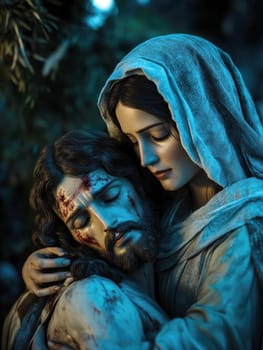Mother of God with the dying Jesus in her arms. AI generative.