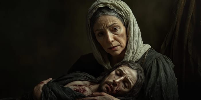 Mother of God with the dying Jesus in her arms. AI generative.