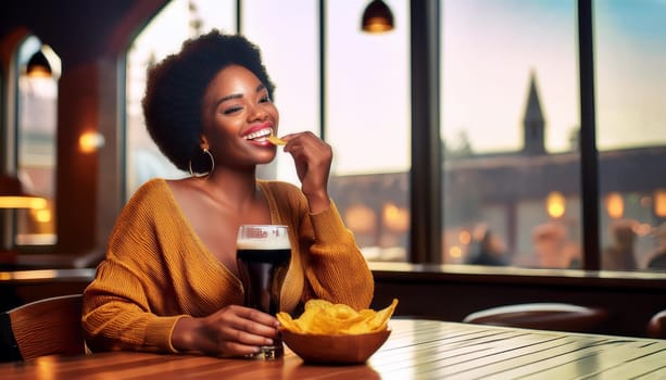 gorgeous young woman eating crisps drinking beer at the pub, AI generated image