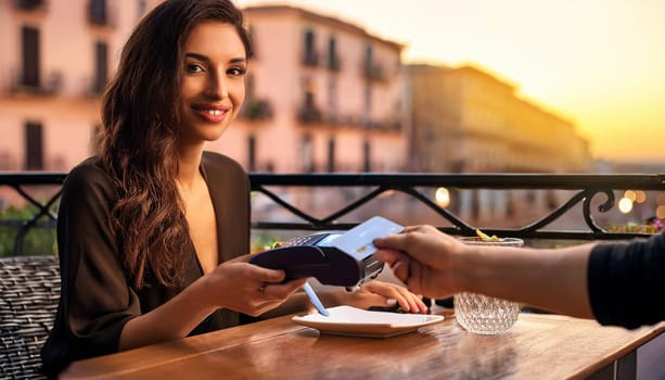 gorgeous young woman paying with credit card or debit card at restaurant, AI generated image