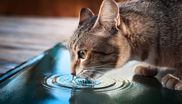 grey tabby cat drinking water, AI generated image