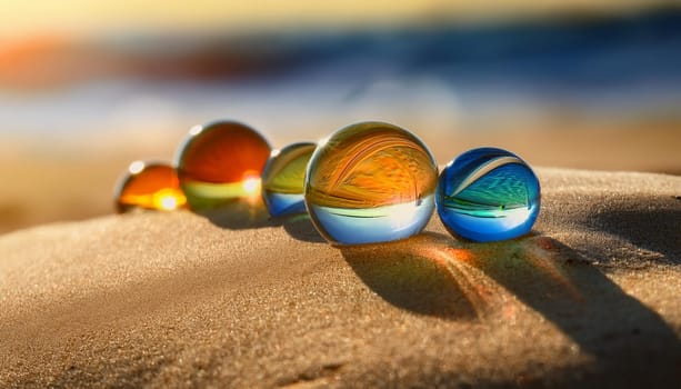 glass marbles toy in the sand, AI generated image