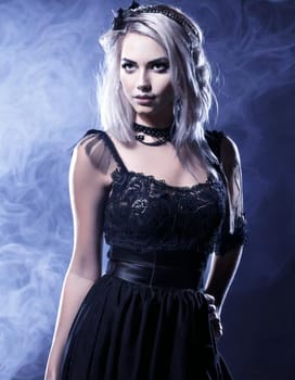pretty young goth woman dressed in black, AI generated image