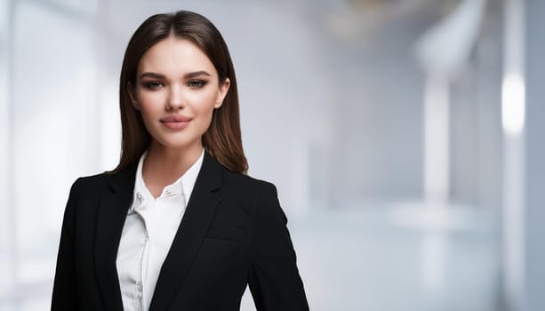 gorgeous young woman in black suit and white shirt, AI generated image