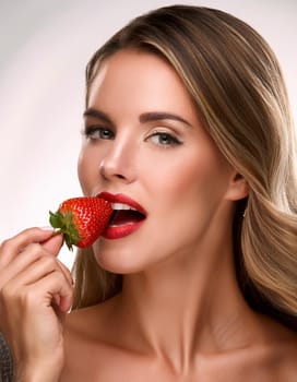 gorgeous young woman eating strawberries, AI generated image