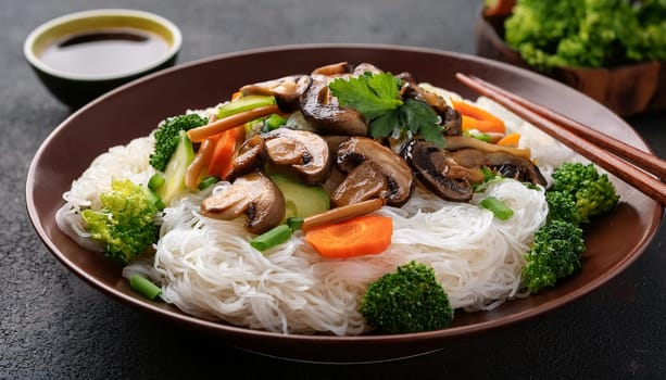 asian rice noodles with shiitake mushrooms and vegetables, AI generated image
