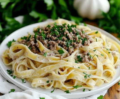 fettuccine with beautifully browned ground beef. AI generative.