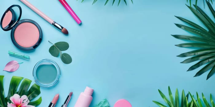 A blue background with a bunch of makeup and a leafy green plant. The makeup includes a brush, a bottle, and a compact