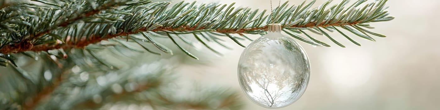 A close-up advertising photo showcasing a large, transparent glass ball ornament hanging on a lush branch of a live Christmas tree. The glass reflects soft, low light, while a clean white background with ample space for text enhances the ornament’s delicate, modern aesthetic.