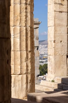 Propylaia, monumental ceremonial gateway to the Acropolis of Athens, Greece. It is an ancient citadel located on a rocky slope above the city