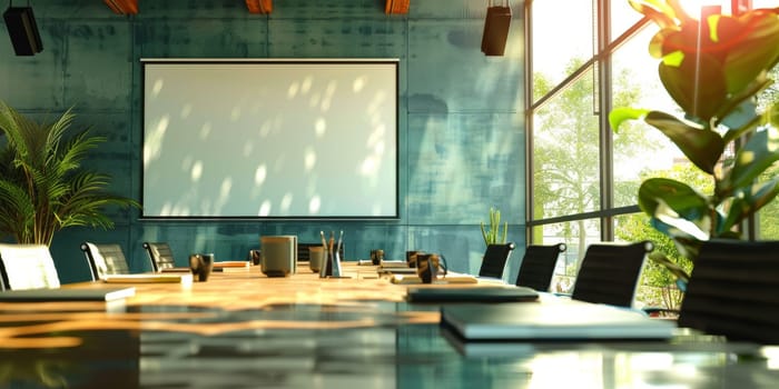 A large white board is on the wall of a conference room. The room is filled with chairs and tables, and there is a potted plant in the corner. The room is well-lit and organized