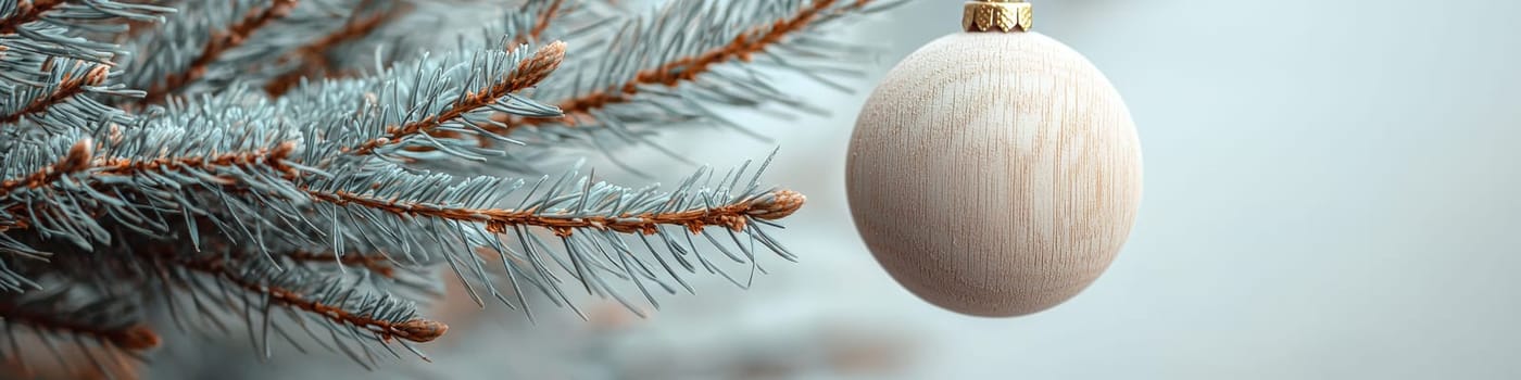 A minimalist advertising photo featuring a large, smooth wooden ball ornament hanging on a lush Christmas tree branch. The background is clean and white, with ample space for text, highlighting the ornament's natural aesthetic. Soft, low lighting enhances the organic texture of the wood against the simplicity of the backdrop.