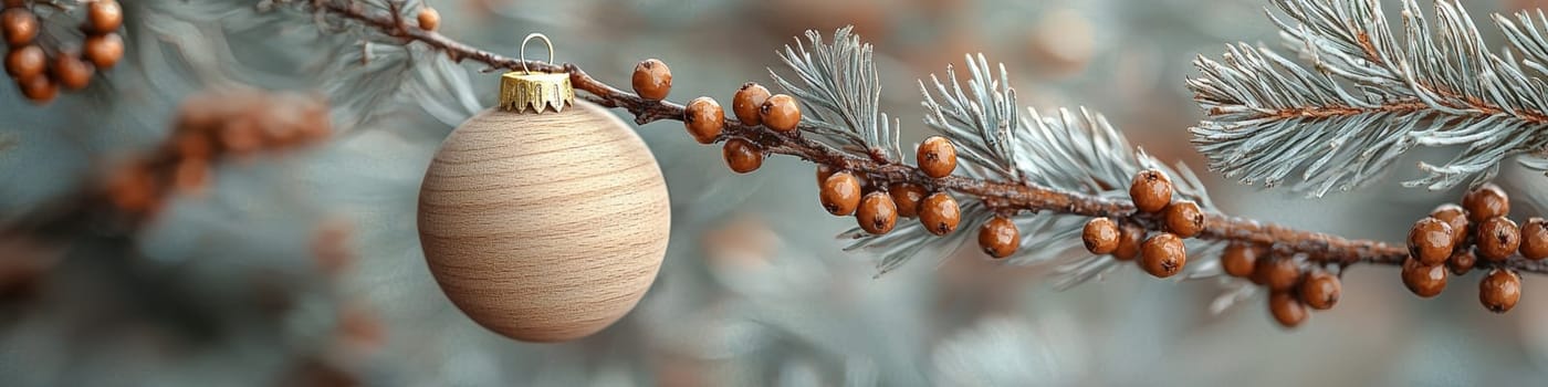A minimalist advertising photo featuring a large, smooth wooden ball ornament hanging on a lush Christmas tree branch. The background is clean and white, with ample space for text, highlighting the ornament's natural aesthetic. Soft, low lighting enhances the organic texture of the wood against the simplicity of the backdrop.