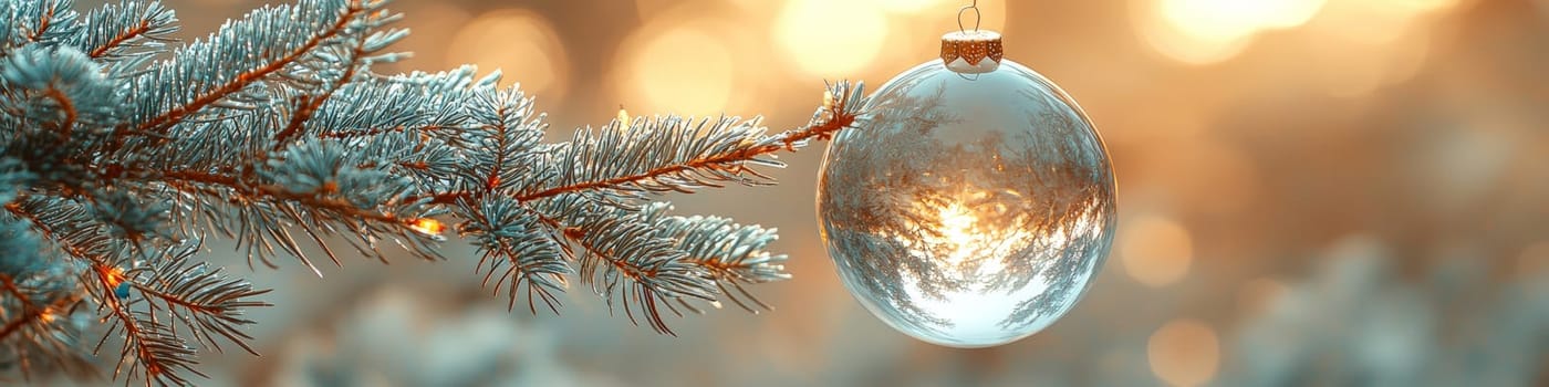 A close-up advertising photo showcasing a large, transparent glass ball ornament hanging on a lush branch of a live Christmas tree. The glass reflects soft, low light, while a clean white background with ample space for text enhances the ornament’s delicate, modern aesthetic.