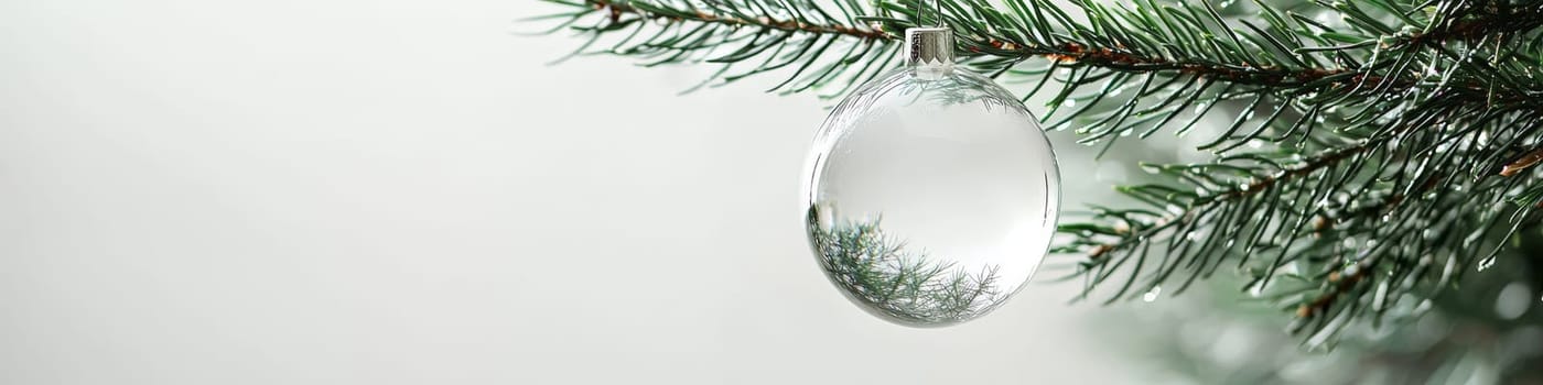 A close-up advertising photo showcasing a large, transparent glass ball ornament hanging on a lush branch of a live Christmas tree. The glass reflects soft, low light, while a clean white background with ample space for text enhances the ornament’s delicate, modern aesthetic.