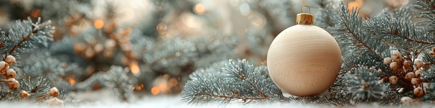 A minimalist advertising photo featuring a large, smooth wooden ball ornament hanging on a lush Christmas tree branch. The background is clean and white, with ample space for text, highlighting the ornament's natural aesthetic. Soft, low lighting enhances the organic texture of the wood against the simplicity of the backdrop.
