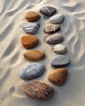 A photo-realistic image of an intricately arranged spiral pattern made from stones and pebbles on a sandy beach. The design stretches elegantly across the sand, capturing the serene and creative beauty of nature and human artistry.
