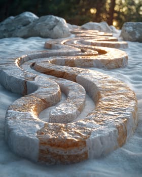 A photo-realistic image of an intricately arranged spiral pattern made from stones and pebbles on a sandy beach. The design stretches elegantly across the sand, capturing the serene and creative beauty of nature and human artistry.