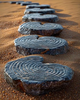 A photo-realistic image of an intricately arranged spiral pattern made from stones and pebbles on a sandy beach. The design stretches elegantly across the sand, capturing the serene and creative beauty of nature and human artistry.