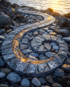 A photo-realistic image of an intricately arranged spiral pattern made from stones and pebbles on a sandy beach. The design stretches elegantly across the sand, capturing the serene and creative beauty of nature and human artistry.