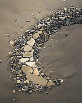 A photo-realistic image of an intricately arranged spiral pattern made from stones and pebbles on a sandy beach. The design stretches elegantly across the sand, capturing the serene and creative beauty of nature and human artistry.