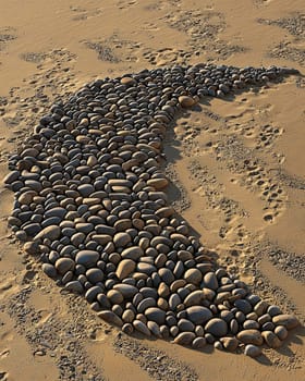 A photo-realistic image of an intricately arranged spiral pattern made from stones and pebbles on a sandy beach. The design stretches elegantly across the sand, capturing the serene and creative beauty of nature and human artistry.