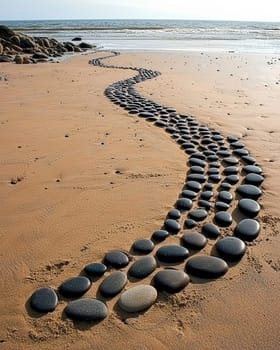 A photo-realistic image of an intricately arranged spiral pattern made from stones and pebbles on a sandy beach. The design stretches elegantly across the sand, capturing the serene and creative beauty of nature and human artistry.