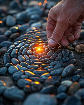 A photo-realistic image of an intricately arranged spiral pattern made from stones and pebbles on a sandy beach. The design stretches elegantly across the sand, capturing the serene and creative beauty of nature and human artistry.
