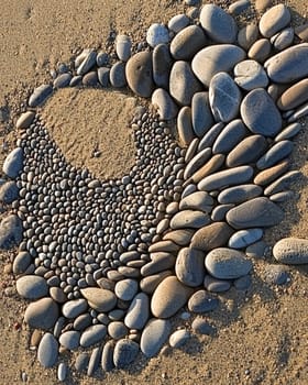 A photo-realistic image of an intricately arranged spiral pattern made from stones and pebbles on a sandy beach. The design stretches elegantly across the sand, capturing the serene and creative beauty of nature and human artistry.