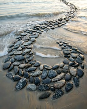 A photo-realistic image of an intricately arranged spiral pattern made from stones and pebbles on a sandy beach. The design stretches elegantly across the sand, capturing the serene and creative beauty of nature and human artistry.