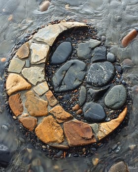 A photo-realistic image of an intricately arranged spiral pattern made from stones and pebbles on a sandy beach. The design stretches elegantly across the sand, capturing the serene and creative beauty of nature and human artistry.