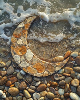 A photo-realistic image of an intricately arranged spiral pattern made from stones and pebbles on a sandy beach. The design stretches elegantly across the sand, capturing the serene and creative beauty of nature and human artistry.