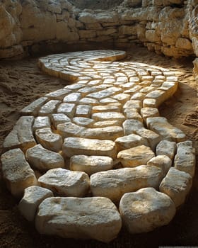 A photo-realistic image of an intricately arranged spiral pattern made from stones and pebbles on a sandy beach. The design stretches elegantly across the sand, capturing the serene and creative beauty of nature and human artistry.