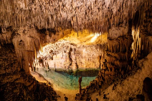 Dragon cave, Coves del Drach, (Cuevas del Drach). Stalactite mysterious underground caverns. Porto Cristo Balearic Islands Mallorca Spain. Vacation concept.