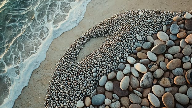 A photo-realistic image of an intricately arranged spiral pattern made from stones and pebbles on a sandy beach. The design stretches elegantly across the sand, capturing the serene and creative beauty of nature and human artistry.