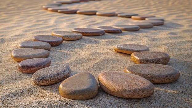 A photo-realistic image of an intricately arranged spiral pattern made from stones and pebbles on a sandy beach. The design stretches elegantly across the sand, capturing the serene and creative beauty of nature and human artistry.