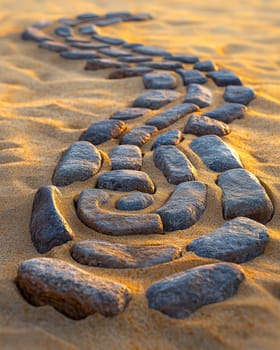A photo-realistic image of an intricately arranged spiral pattern made from stones and pebbles on a sandy beach. The design stretches elegantly across the sand, capturing the serene and creative beauty of nature and human artistry.