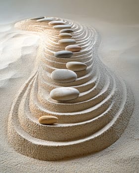 A photo-realistic image of an intricately arranged spiral pattern made from stones and pebbles on a sandy beach. The design stretches elegantly across the sand, capturing the serene and creative beauty of nature and human artistry.