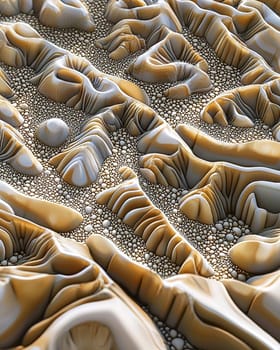 A photo-realistic image of an intricately arranged spiral pattern made from stones and pebbles on a sandy beach. The design stretches elegantly across the sand, capturing the serene and creative beauty of nature and human artistry.