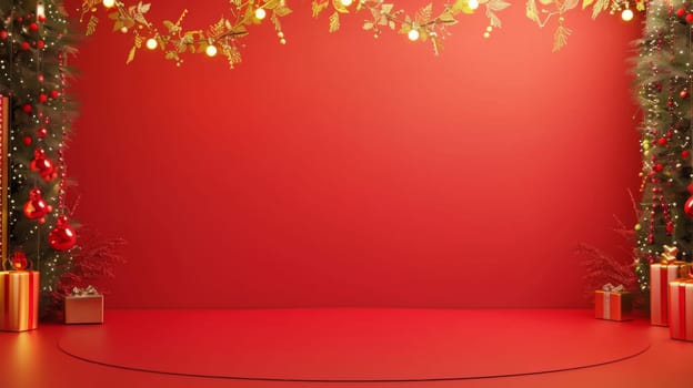 A red background with a Christmas tree and a red wall. The background is empty and the tree is decorated with lights