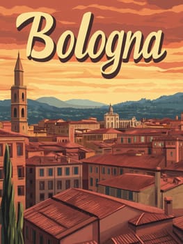 Discover the enchanting city of Bologna, where historical buildings showcase mid-century modern design amidst picturesque rooftops and a stunning sunset backdrop, inviting exploration and adventure.